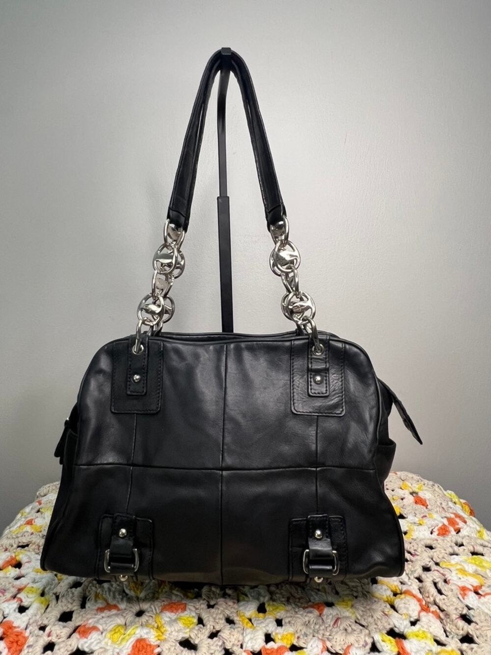 Salvatore Ferragamo Black Leather Gancini Chain Satchel Shoulder Bag Italy